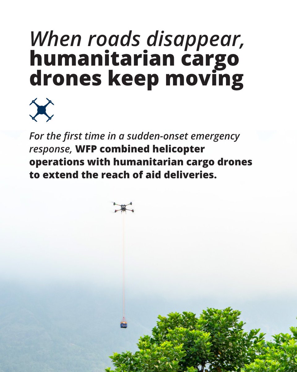 WFP_UNHAS's tweet photo. How does @WFP deliver food when there's no road?

Meet the Humanitarian Cargo Drones: a technology recently used in #Nepal to reach cut off communities isolated by floods and damaged infrastructure.

Swipe to see how they work ➡️

#WorldFoodDay https://t.co/zP5TqBvO7Z