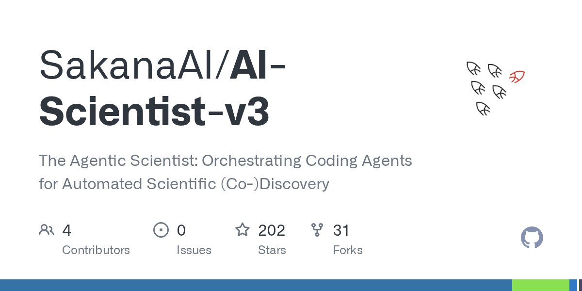 doodi_dev's tweet photo. ⭐ Agentic Scientist ⭐
https://t.co/XqvSuOtQe1

1. Sakana AI가 코딩 에이전트를 AI 과학자처럼 굴려서 실험부터 논문 쓰기까지 맡기는 오픈소스 도구를 공개함

2. 작업 설명 파일(task.md) 하나만 주면 에이전트가 아이디어를 내고, 실험을 돌리고, 채점 기준에 맞춰 결과를 평가하면서 프로그램을 점점 더 좋게 다듬음

3. 그 뒤로 비교 실험, 기능을 하나씩 빼보는 실험, 봉인해 둔 최종 평가, 추가 분석, 논문 작성까지 한 폴더에 차곡차곡 쌓임. 클로드 코드·Codex·Cursor·Gemini 등 에이전트를 바꿔 같은 실험을 반복할 수 있음

4. agsci run examples/circpack 한 줄이면 GPU 없이 원 채우기 예제를 처음부터 끝까지 돌려서 논문 PDF까지 뽑아줌. 브라우저로 결과 구경도 가능

5. Apache-2.0 무료, 공개 4일 만에 스타 225개. Python 3.11 이상, Docker 안에서 돌리길 권장함. 에이전트가 모든 권한으로 명령을 실행하고 API 키도 물려받아서 믿을 수 있는 작업만 돌려야 함

아이디어 내고 실험 돌리고 논문까지 쓰는 AI 대학원생 한 명 들이는 느낌인 듯

━━━━━━━━━━
🇺🇸
1. Sakana AI open-sourced a tool that runs coding agents like AI scientists, handling everything from experiments to writing the paper

2. Give it one task description file (task.md) and the agents come up with ideas, run experiments, score the results against your rubric, and keep improving the program

3. After that it runs baselines, experiments that remove one feature at a time, a sealed final evaluation, extra analyses, and paper writing, all saved in one run folder. You can swap in Claude Code, Codex, Cursor, Gemini and more to repeat the same experiment

4. One line, agsci run examples/circpack, runs a no-GPU circle-packing example start to finish and gives you a paper PDF. You can browse the results in your browser too

5. Free under Apache-2.0, 225 stars 4 days after release. Needs Python 3.11+, and running inside Docker is recommended. The agents run commands with full permissions and inherit your API keys, so only run tasks you trust

Feels like hiring an AI grad student who brainstorms, runs experiments, and even writes the paper

#AI #AIAgents #CodingAgents #OpenSource #SakanaAI