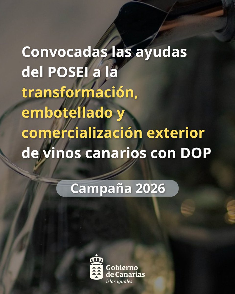 AGRI_Gobcan's tweet photo. Publicada la convocatoria de las ayudas a la transformación, embotellado y comercialización exterior de vinos canarios con DOP (Acciones I.6 e I.7) del POSEI, correspondiente a 2026

Acción I.6: 231.660€ 
Acción I.7: 48.265€

El texto está disponible en: https://t.co/UEVgdJmEeD https://t.co/DWgWIvQ2g1