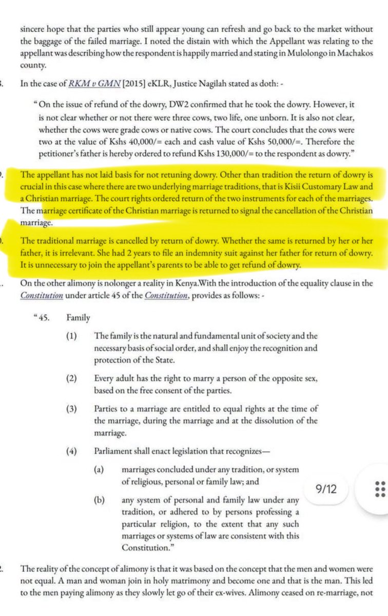 joshuabyamazima's tweet photo. The High Court in Kenya has held that upon divorce, a woman must return the dowry or pursue an indemnity claim against her father for its return to the Ex husband.

A very good decision. 

Cc. @SpireJim https://t.co/YS2UhRyWDm