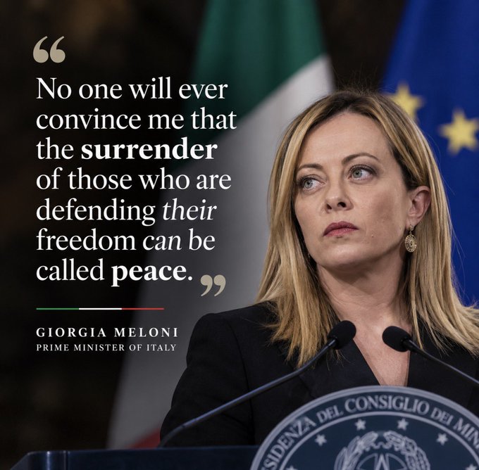 AntoninoGiaimo1's tweet photo. @clashreport No one will ever convince me that the surrender of those who are defending their freedom can be called peace...
Giorgia Meloni
Prime Minister of Italy https://t.co/ns9ndyPLBQ