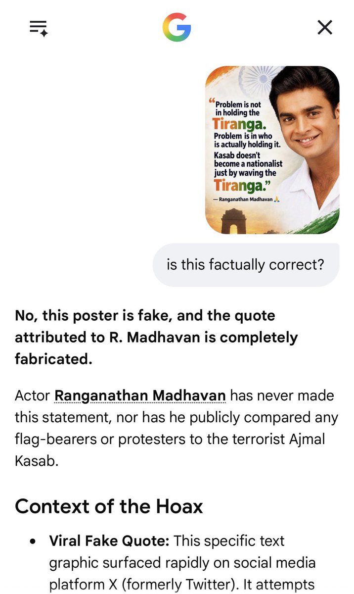 raysaurav's tweet photo. @im_vandy @ActorMadhavan Why do you all share fake news? Saying anything and putting someone’s name is enough? 
As it is Madhavan himself is Dubai based and doesn’t stay in India. You want classes in patriotism from non resident Indians. 
And them fake news. Absurd. 
@ActorMadhavan - ur quote being used https://t.co/p79uLkXELz