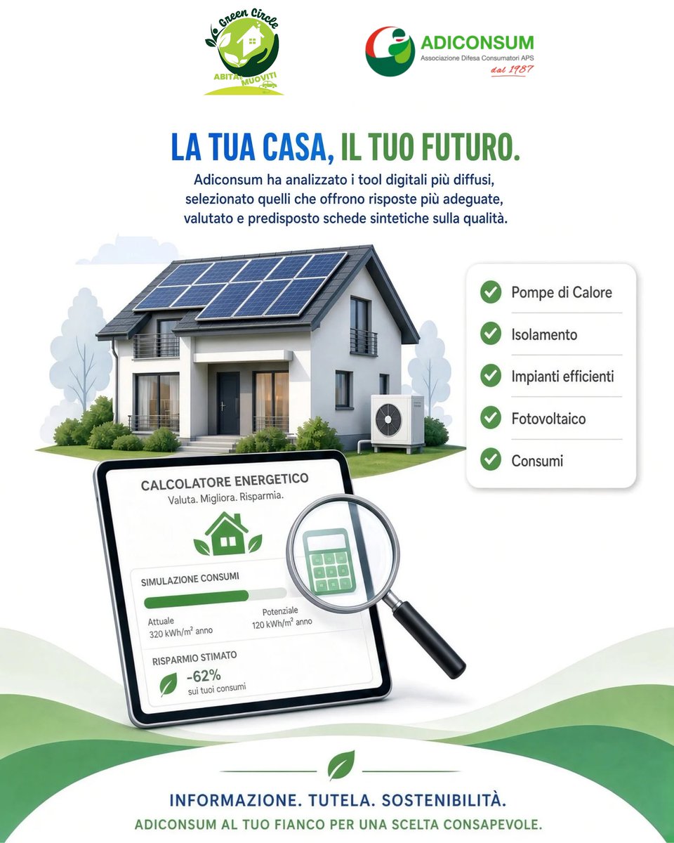 adiconsum's tweet photo. Adiconsum, con il progetto #GreenCircle Abita&Muoviti, lancia una nuova novità: ti dà le chiavi per orientarti tra i tool digitali di efficienza energetica presenti in rete.

Non sai quale calcolatore usare per capire se ti conviene una pompa di calore, il fotovoltaico o come ridurre i consumi della casa?

Adiconsum, insieme al Comitato Scientifico del progetto, ha cercato in rete i tool digitali più diffusi (istituzionali e privati) e ha selezionato quelli più performanti.

Non è una semplice raccolta di link: è uno strumento di orientamento pensato per te.
Abbiamo scremato, testato e valutato i calcolatori più diffusi con l’obiettivo di darti criteri chiari, indipendenti e concreti per scegliere meglio.

La prossima settimana inizieremo a pubblicare le valutazioni dettagliate (con punteggio da 0 a 5 e schede su usabilità, qualità e limiti di ogni tool).

Intanto puoi già provare le piattaforme che abbiamo selezionato e capire quali meritano la tua attenzione.

Scopri l’elenco completo e inizia a testarli👇
https://t.co/vvaUIPxzlv

Hai già usato qualcuno di questi tool? Dicci la tua esperienza nei commenti: ci aiuta a migliorare ulteriormente il servizio.

#GreenCircle #Adiconsum #Consumatori #EfficienzaEnergetica #PompeDiCalore #Fotovoltaico #TransizioneEnergetica