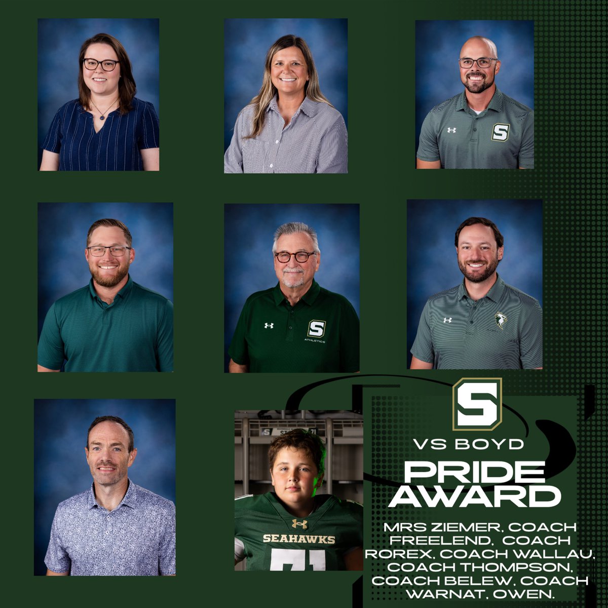 FootballSba's tweet photo. Pride Award

A football program is strengthened by people who serve faithfully behind the scenes. Thank you to Mrs. Ziemer, Coaches Freelend, Rorex, Wallau, Thompson, Belew, and Warnat, and Owen for investing in our Seahawks. We appreciate the work you do and the people you are!

#RISE #SBAFootball2pt6 #BeMore4Others #ProtectTheMission #Pursuit