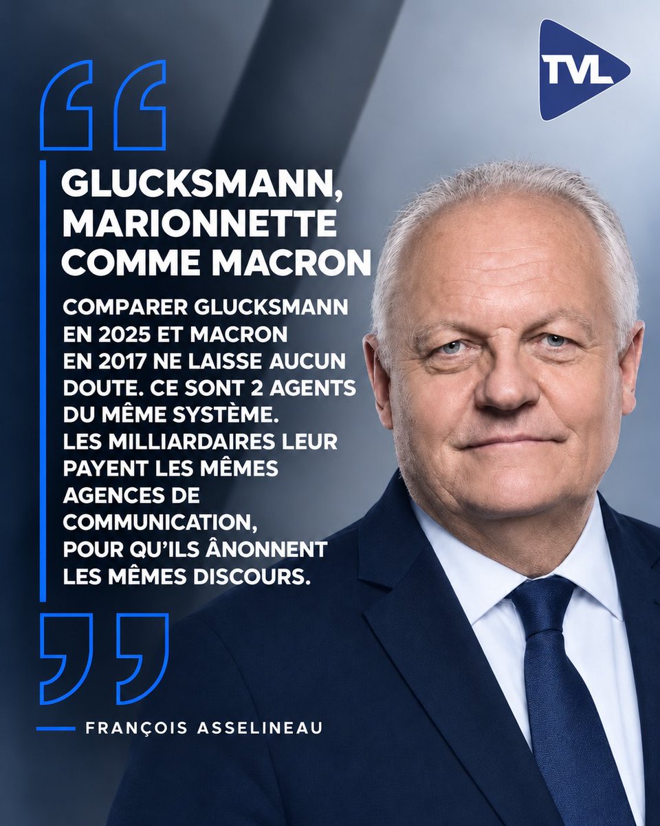 tvlofficiel's tweet photo. 👉 @f_asselineau : « Glucksmann, marionette comme Macron !

Comparer Glucksmann en 2025 et Macron en 2017 ne laisse aucun doute. Ce sont 2 agents du même système.

Les milliardaires leur payent les mêmes agences de communication, pour qu'ils ânonnent les mêmes discours. » https://t.co/CoEug2EXma