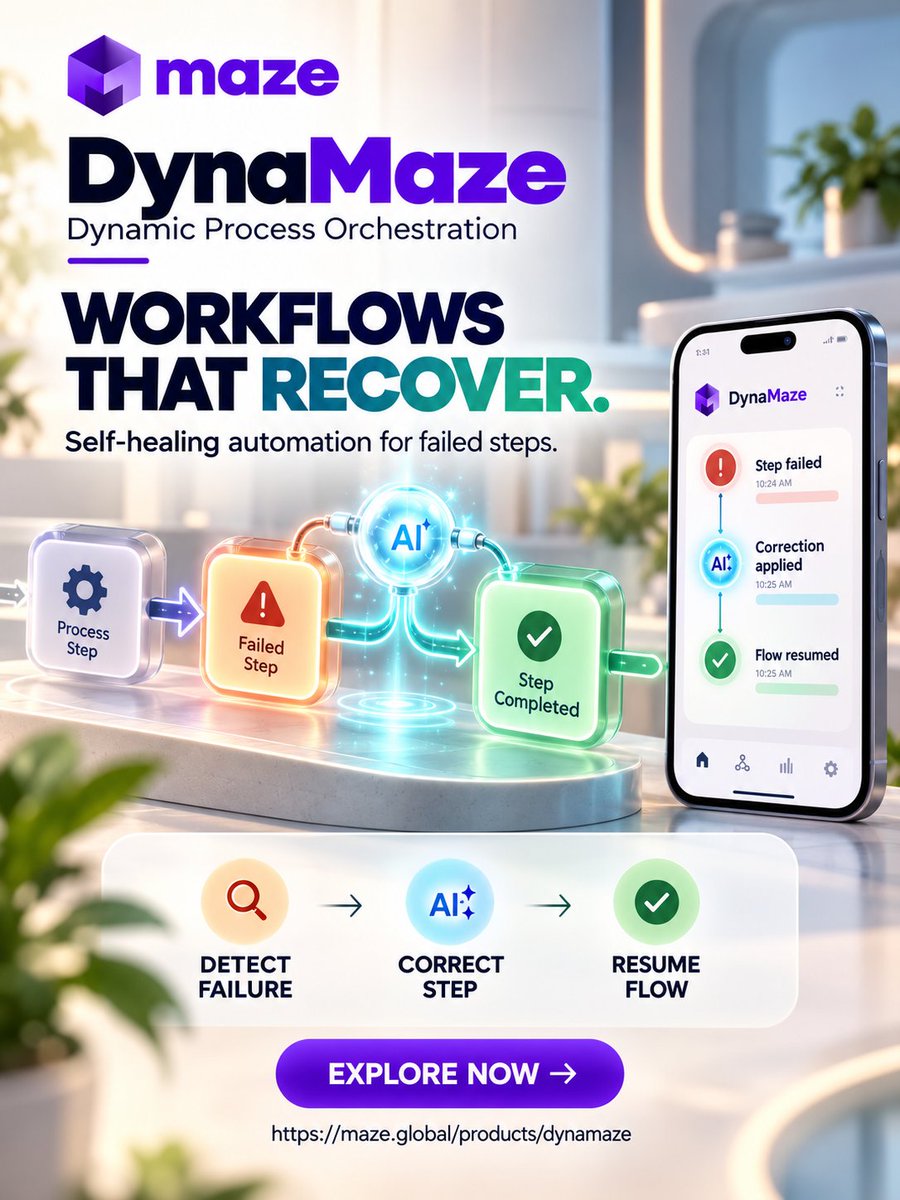 infomazeglobal's tweet photo. A failed step shouldn't stop everything. ⚙️ DynaMaze detects failures, applies corrections, and resumes workflows automatically.
Explore now: https://t.co/oBSEMEGDH7
#DynaMaze #Automation #AI #WorkflowAutomation #SelfHealing #ProcessOrchestration #SmartWorkflows #BusinessTech https://t.co/81XbBu7YxT