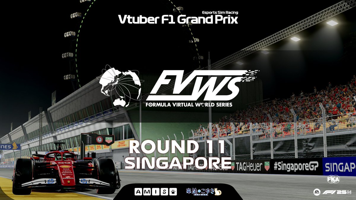 vtuberf1gp's tweet photo. Tomorrow night is #VtuberF1GP 2026season FVWS Round 11 #SingaporeGP 🇸🇬

Round 11 is at the Marina Bay Street Circuit in Singapore.🏁

◇ SCHDULE (UTC+9)
Qualifying 22:00 - ☀️
RACE 23:00 - ☀️
https://t.co/XB0AGxLeYW

#F1 #F1eSports #F125Game https://t.co/cFKVRsaQEk