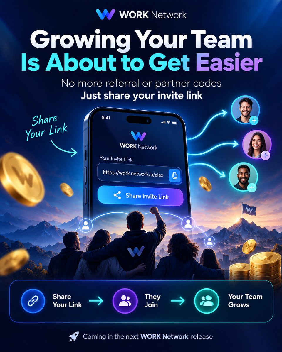 WorkAppOfficial's tweet photo. π Growing your WORK Network team is getting easier.
Next Release : no referral or partner codes to type.Just share your personal invite link β they join β your team grows automatically.#WORKNetwork #ReferralProgram #TeamRewards https://t.co/3s2cIeCUks