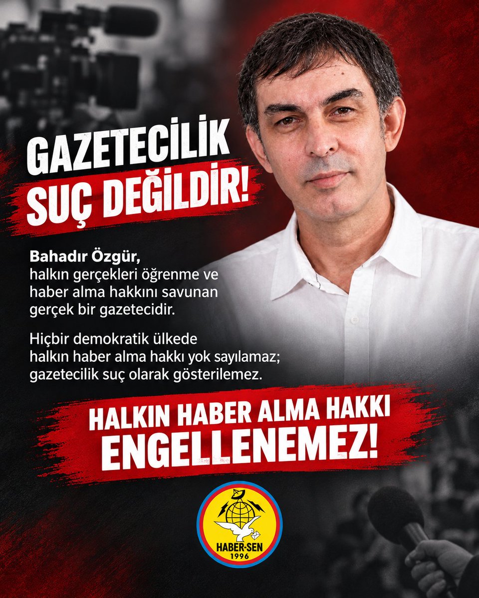 KESKHaberSen's tweet photo. Gazeteci @bahadir_ozgr, halkın gerçekleri öğrenme ve haber alma hakkını savunan gerçek bir gazetecidir.

Hiçbir demokratik ülkede halkın haber alma hakkı yok sayılamaz, gazetecilik suç olarak gösterilemez!

Gazetecilik suç değildir, halkın haber alma hakkı engellenemez!

KESK Haber-Sen
Basın Yayın İletişim ve Posta Emekçileri Sendikası

#GazetecilikSuçDeğildir 
@bahadir_ozgr gazetecidir