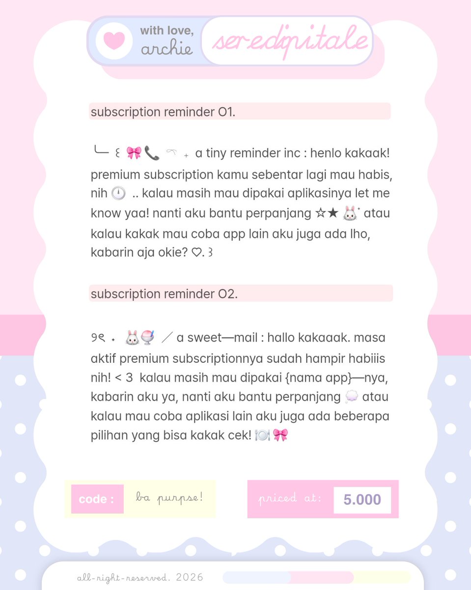 serendipitale's tweet photo. ㅤㅤ
ⓘ retweet would be very appreciated <3

henyo muncimuns! aku ada ready stock wording reminder ( &amp;. ) inform cust kalau premium subscriptionnya hampir habis dan buat nawarin perpanjangan ( like an after sale kind of wording .. ☝🏻🤓🎀 ) #zonauang 
ㅤㅤ https://t.co/UKw2Zz0Yqc