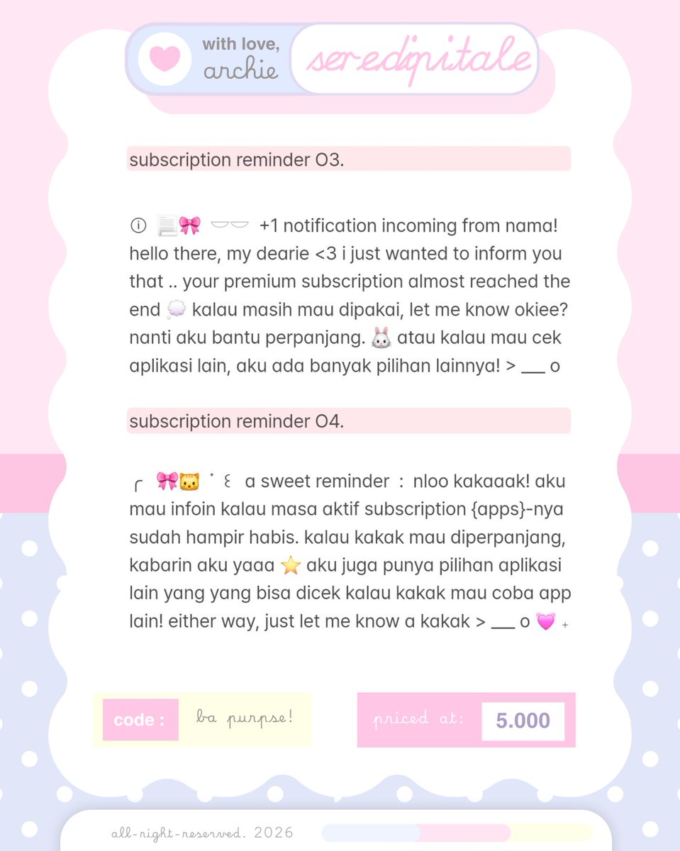 serendipitale's tweet photo. ㅤㅤ
ⓘ retweet would be very appreciated <3

henyo muncimuns! aku ada ready stock wording reminder ( &amp;. ) inform cust kalau premium subscriptionnya hampir habis dan buat nawarin perpanjangan ( like an after sale kind of wording .. ☝🏻🤓🎀 ) #zonauang 
ㅤㅤ https://t.co/UKw2Zz0Yqc