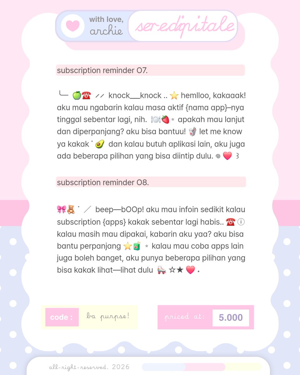 serendipitale's tweet photo. ㅤㅤ
ⓘ retweet would be very appreciated <3

henyo muncimuns! aku ada ready stock wording reminder ( &amp;. ) inform cust kalau premium subscriptionnya hampir habis dan buat nawarin perpanjangan ( like an after sale kind of wording .. ☝🏻🤓🎀 ) #zonauang 
ㅤㅤ https://t.co/UKw2Zz0Yqc