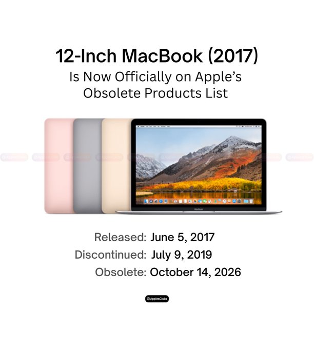 3utools's tweet photo. The 12-inch MacBook (2017) has officially been added to Apple’s list of obsolete products.

First released in June 2017, it was discontinued in July 2019, marking the end of an era for Apple’s ultra-thin, lightweight MacBook.

Image: @applesclubs https://t.co/TH0E9FZY7D