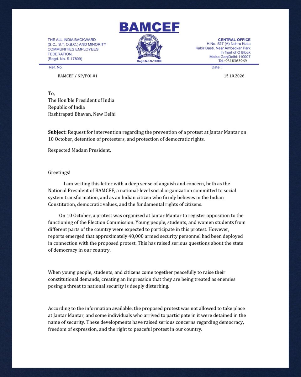 mntnewsnetwork's tweet photo. BAMCEF National President Mn. Sanjay Mohite writes to the Hon’ble President of India, seeking intervention over the Jantar Mantar protest and the protection of democratic rights.

Democracy means the right to dissent peacefully.

#BAMCEF #DemocraticRight https://t.co/lNsFOwXeaI