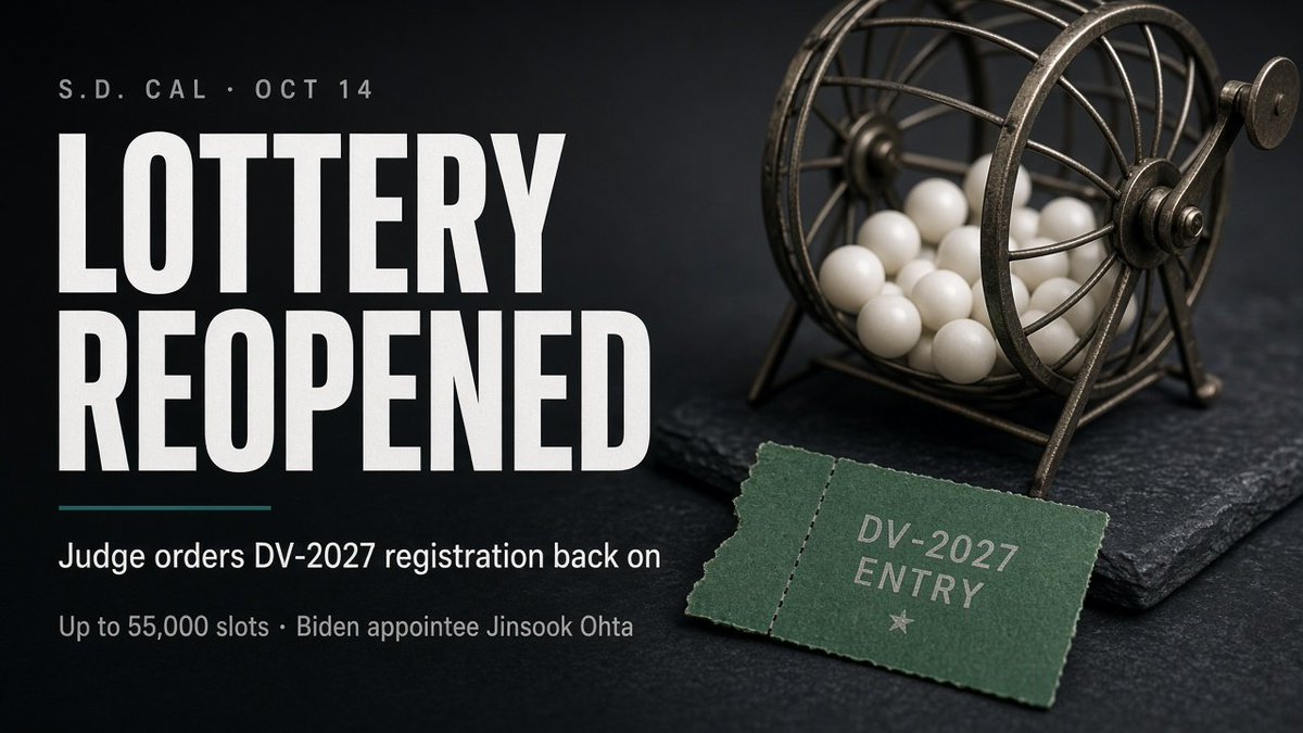 GuntherEagleman's tweet photo. A federal judge just ordered the State Department to start giving away green cards by random drawing again.

Judge Jinsook Ohta in San Diego, a Biden appointee, ordered the 2027 diversity visa lottery reopened. That's up to 55,000 permanent residency slots handed out by pure chance. The Trump administration tried to shut it down, and one judge in California overruled it.

Who gets to live here permanently should come down to skills, loyalty and whether you'll actually become an American. It shouldn't come down to a raffle ticket. Congress needs to kill this lottery for good so no judge can bring it back from the dead. 🇺🇸