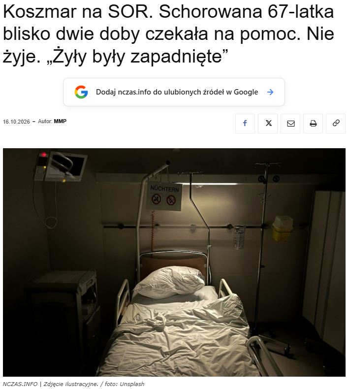 NCZAS1's tweet photo. ⚠️ Kobieta spędziła blisko dwie doby na SOR, czekając na pomoc ❗

👉 Kiedy 67-latka została przyjęta na oddział chorób wewnętrznych jej stan oceniono jako skrajnie krytyczny 🤯

👉 Wycieńczona 67-latka zmarła w szpitalu następnego dnia nad ranem na Oddziale Intensywnej Opieki Medycznej 😡

👉 Po jej śmierci syn kobiety niezwłocznie złożył zawiadomienie do prokuratury o podejrzeniu popełnienia przestępstwa.

https://t.co/QcToREhLMx