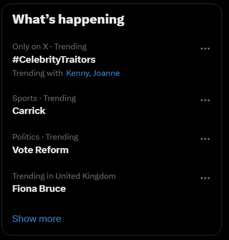 UKDispatch_'s tweet photo. NEW🚨: “Vote Reform” is currently trending on X and TikTok after the @itv investigation into Reform https://t.co/M9kC9Wve8E