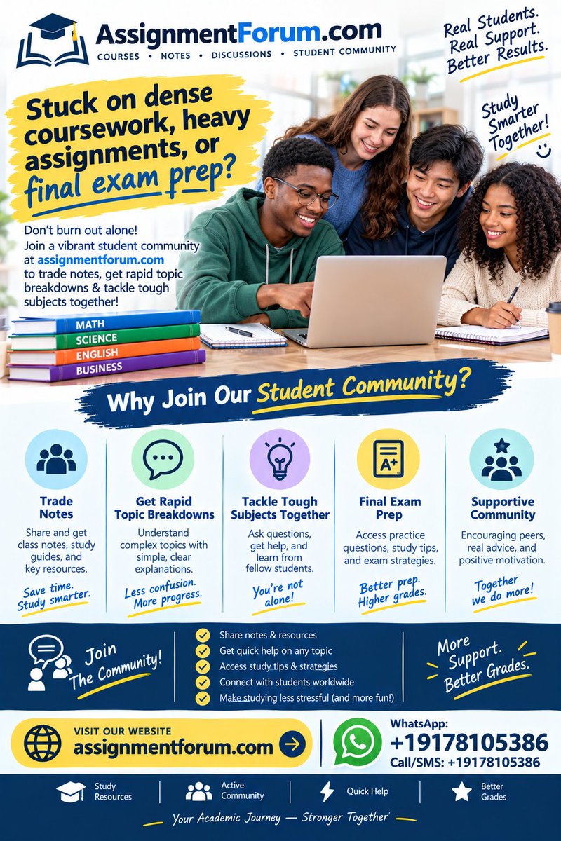 Assignment29457's tweet photo. Stuck on dense coursework, heavy assignments, or final exam prep?

Don't burn out alone! Join a vibrant student community at https://t.co/LfT0f8T9Ug to trade notes, get rapid topic breakdowns &amp; tackle tough subjects together! 

#StudyTips #CollegeLife #ExamPrep https://t.co/xiYmW9X8fs
