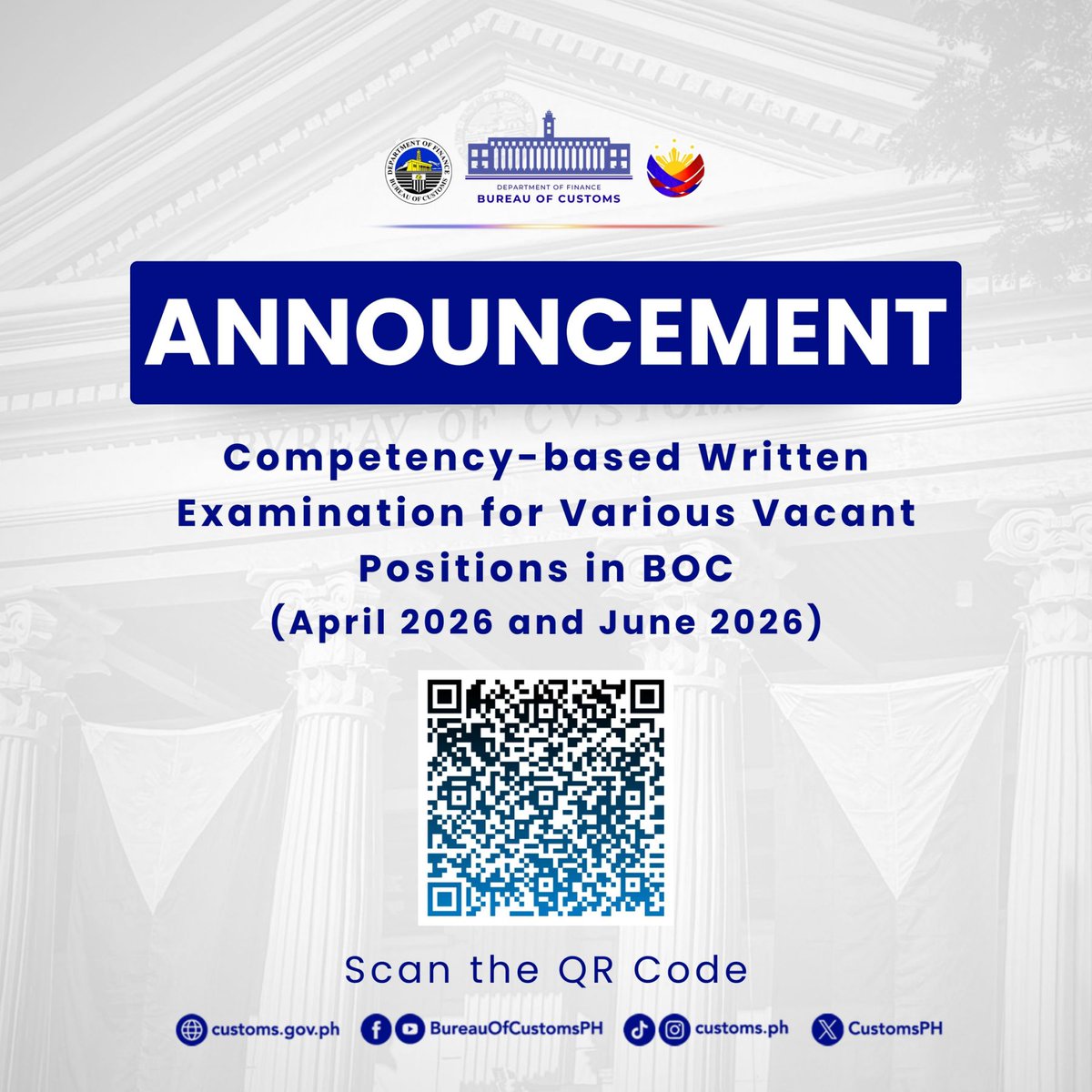 CustomsPH's tweet photo. #BOCAnnouncement | Please be informed that the Notice for the Competency-Based Written Examination Results for Various Vacant Positions in the BOC April 2026 and June 2026 Publication is now available for reference and information

Full details: https://t.co/kQrPAO0ZGi https://t.co/64BLvHUfPC