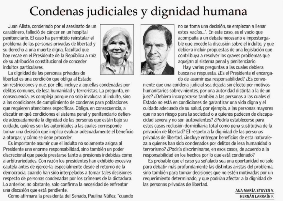 HernanLarrainF's tweet photo. Junto a Ana María Stuven, invitamos a debatir y resolver la situación que afecta a algunos condenados por la justicia que atraviesan situaciones excepcionalísimas, por motivos de dignidad humana. En @__elmercurio de hoy https://t.co/07n8Z0z5gr