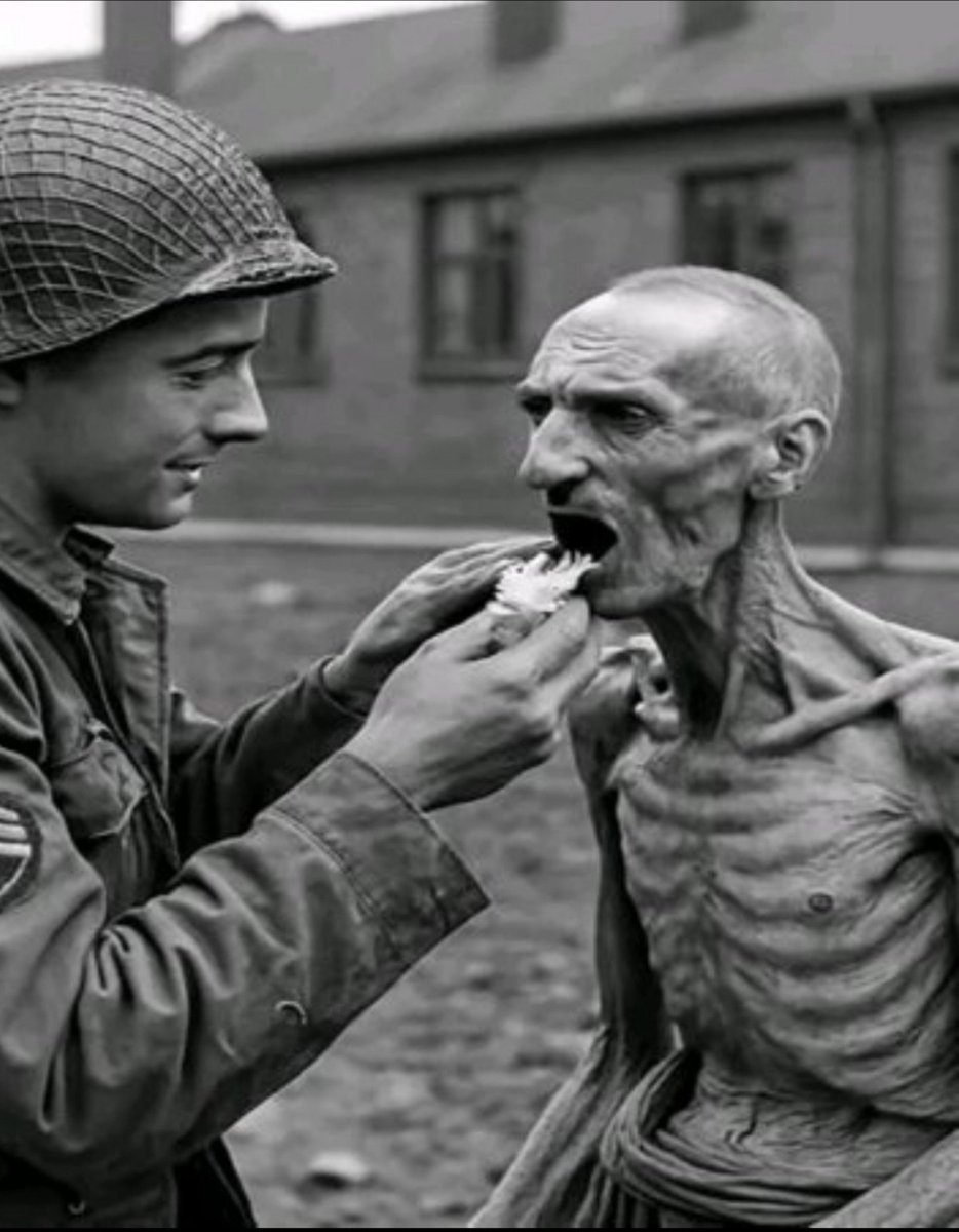 Mss_Tareem's tweet photo. At the Nordhausen concentration camp, an American soldier named Lee Davis found a prisoner so thin that he could not lift his head. The man blinked, barely alive. Davis knelt down, broke off a piece of his chocolate ration, and gently stuffed it into his mouth.

The man burst into tears, unable to chew, but holding the chocolate as if it were gold. "He hadn't spoken in weeks," another soldier said, "but he whispered 'thank you,' in English." Private Davis remained by his side all night. The man survived. For years, he wrote to Davis, calling him "the man who brought flavor back to the world."

It's always good to be good.