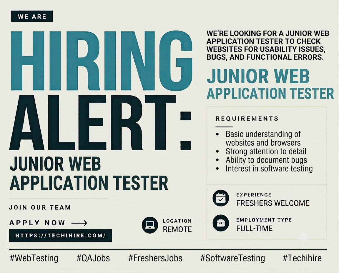 real_techihire's tweet photo. Hiring Alert: Junior Web Application Tester

Apply Now: https://t.co/8FghJ8bcEq
* Ability to document bugs
* Interest in software testing

Experience: Freshers Welcome
Location: Remote
Employment Type: Full-Time

#WebTesting #QAJobs #FreshersJobs #SoftwareTesting #Techihire https://t.co/cBodPTL95W