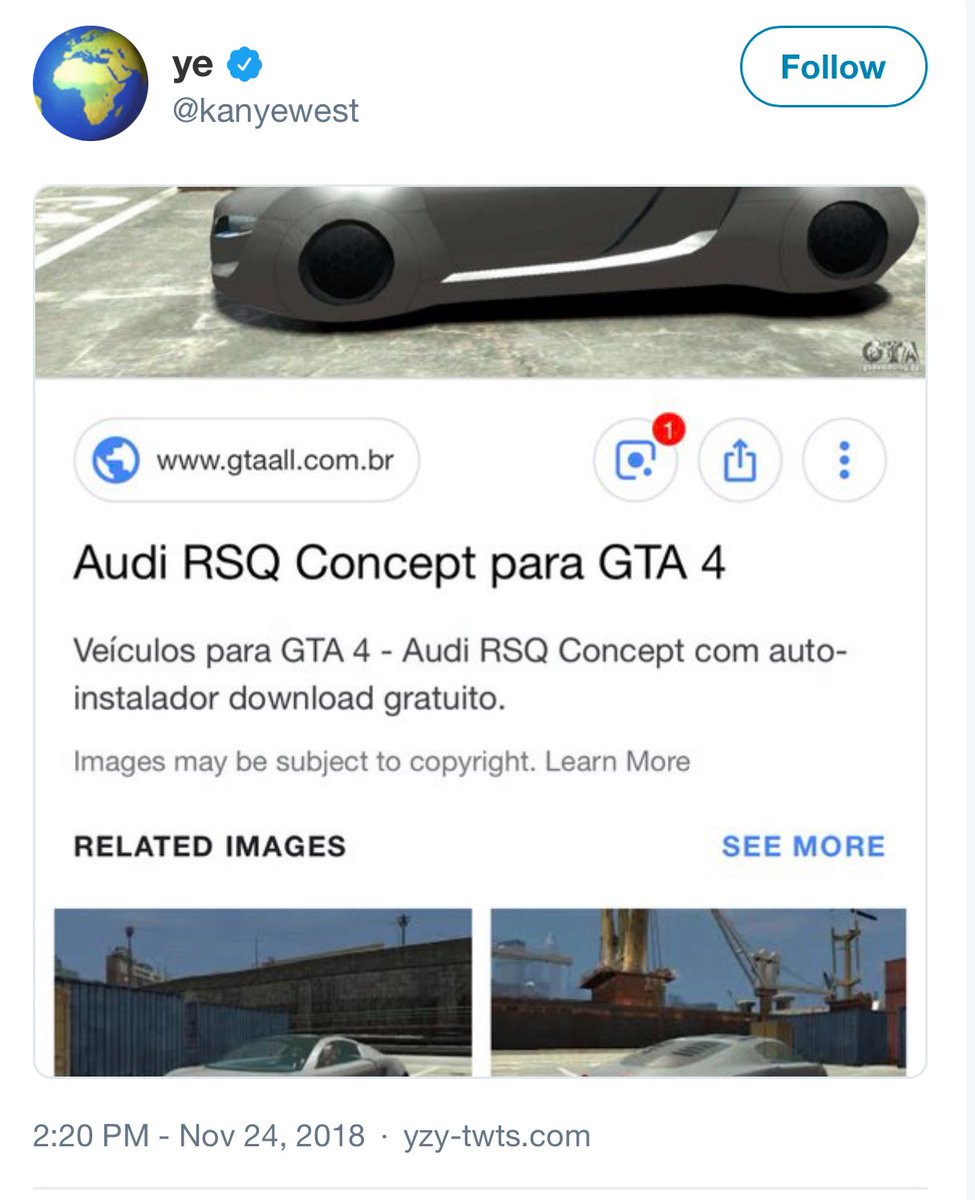 yzyjohnny's tweet photo. Throwback to Ye tweeting an Audi RSQ concept modded into GTA 4 https://t.co/nbOh4CsB6Q