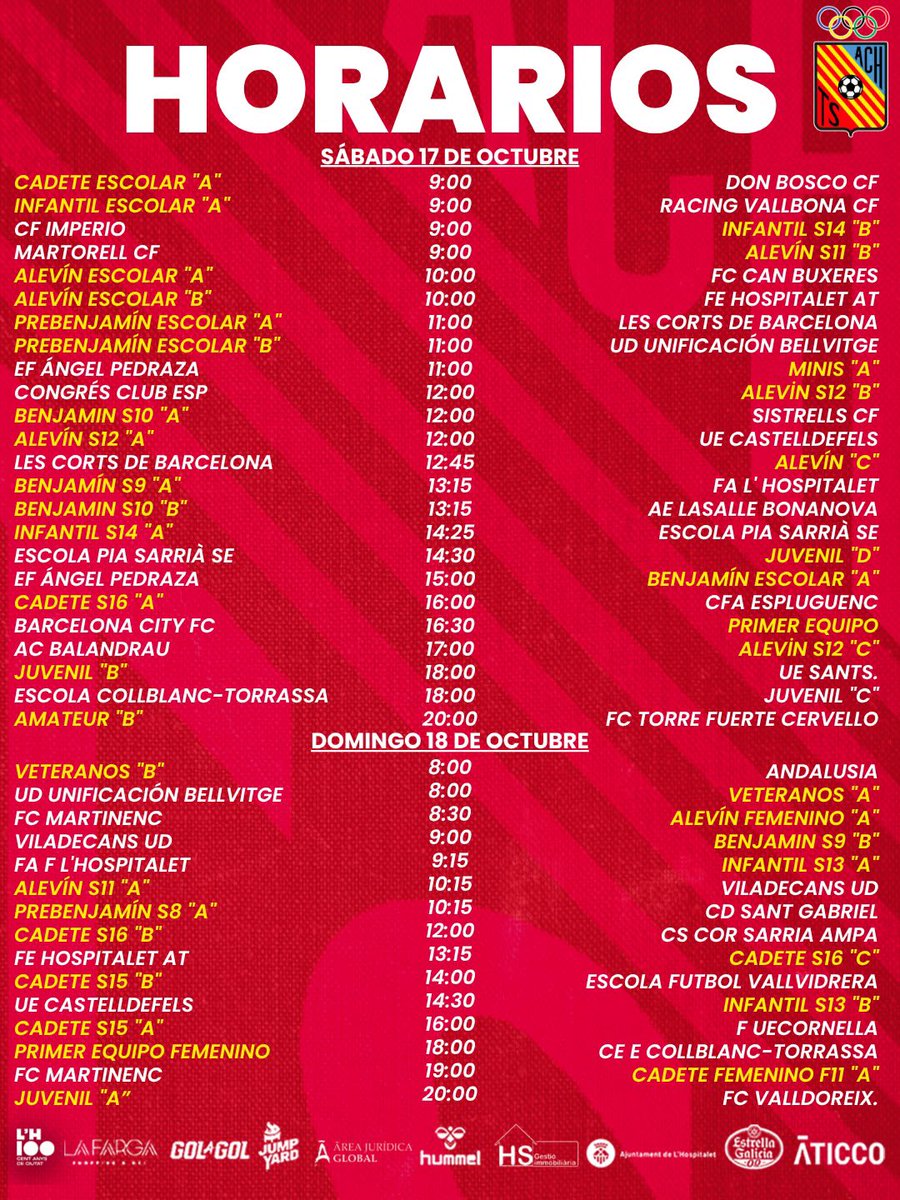 ATCHospitalense's tweet photo. 📆 𝑯𝑶𝑹𝑨𝑹𝑰𝑶𝑺 ⚽️

ℹ️ Estos son los horarios de los partidos para el fin de semana del 17 y 18 de octubre. 

#ATCHospitalense #CanteraATCH 🔴 https://t.co/UTth5Pr5Tu