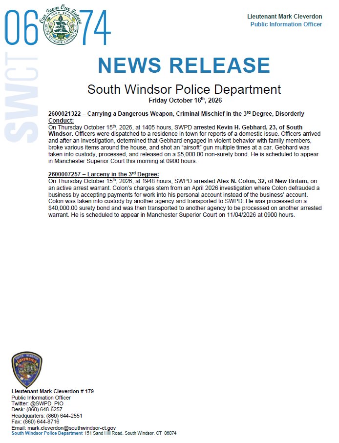 SWPD_PIO's tweet photo. Good morning #SW06074.

Attached is the news release for Friday, October 16th, 2026. https://t.co/BiMjNJRPhr