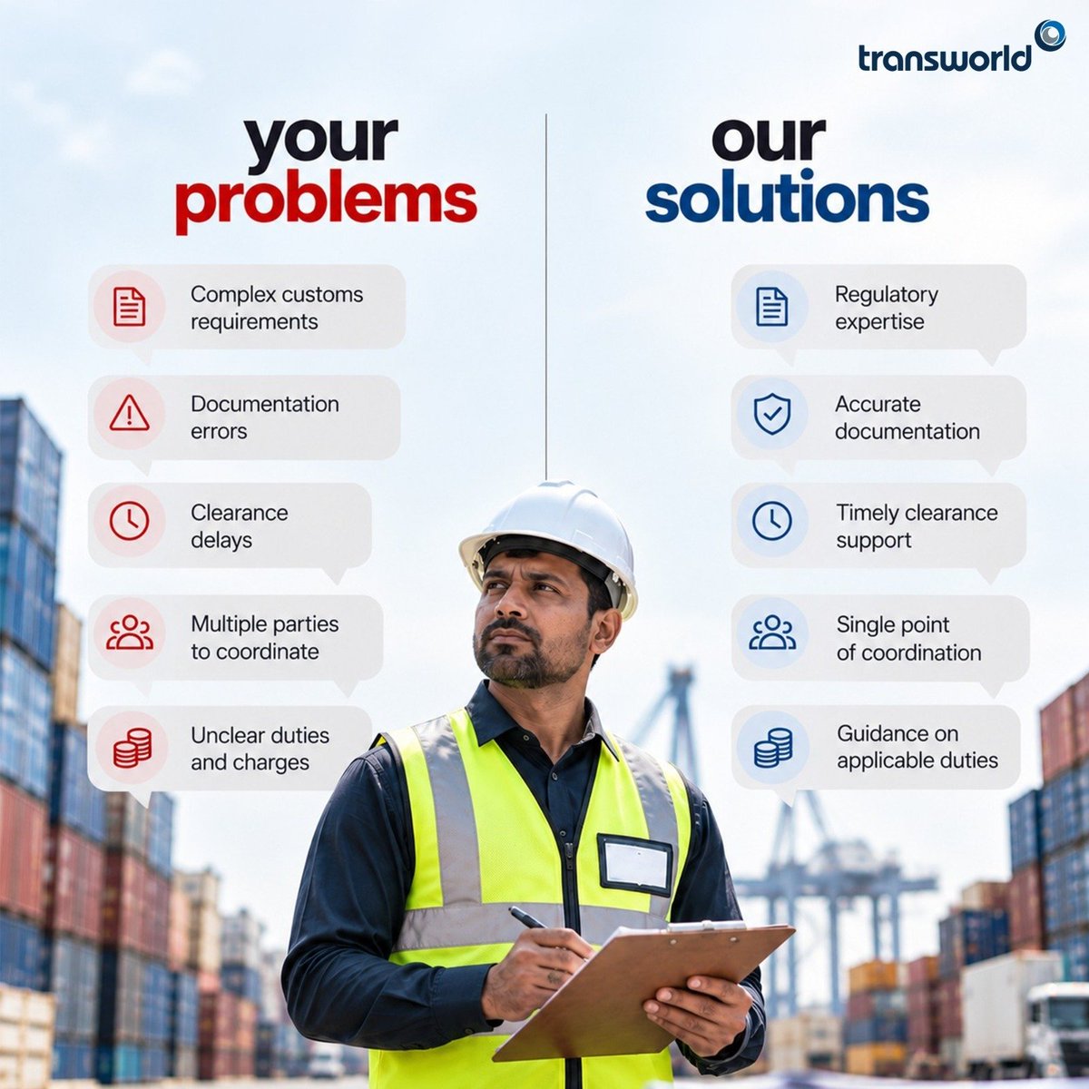 TransworldTweet's tweet photo. Customs clearance shouldn't slow your business down.

From complex documentation to regulatory requirements and unexpected delays, we understand the challenges that come with moving cargo across borders.

At Transworld, our customs clearance expertise helps simplify the process, minimise delays and keep your shipments moving.

For customs clearance support, connect with us at https://t.co/OOcrbcZyK5

#Transworld #CustomsClearance #Logistics #SupplyChain #InternationalTrade