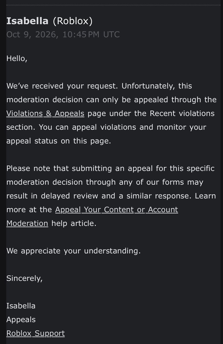 Brightestshine0's tweet photo. They really have the worst AI moderation most likely in the gaming platform and they refuse to fix it, and the appeals won’t even get through all the way they’ll just provide you with a message like this claiming you didn’t use the right “portal” https://t.co/oZpVmMvsH1