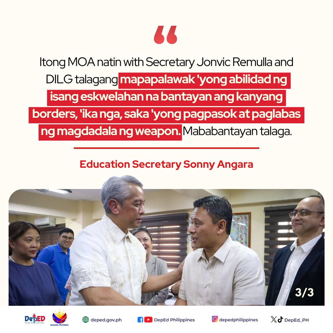 DepEd_PH's tweet photo. May kaagapay ang ating mga paaralan sa pagpapanatili ng kaligtasan! ๐ก๏ธ
Sa ilalim ng DepEdโDILG Joint Memorandum Circular (JMC), maaaring tumulong ang barangay tanods sa school security at maging katuwang ng mga eskwelahan sa pagtugon sa mga panganib.
#DepEdSchoolSafety #DepEdPhilippines #BagongPilipinas