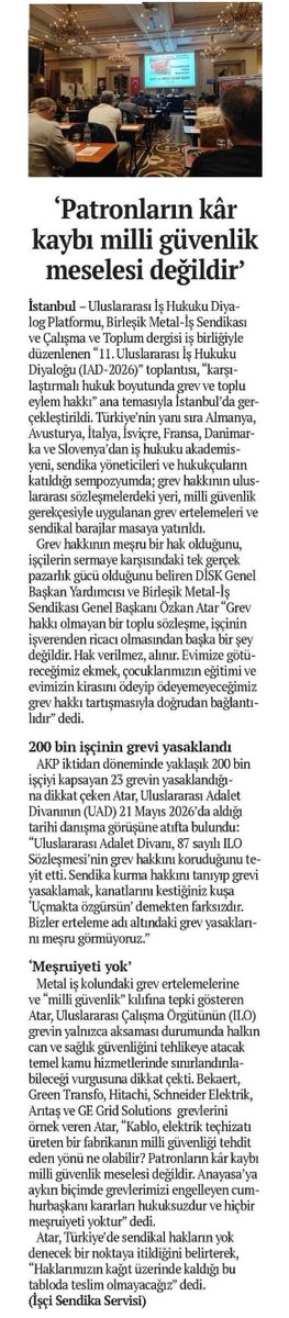 BirlesikMetal's tweet photo. 🔴Sendikamızın yayını Çalışma ve Toplum dergisi ile Uluslararası İş Hukuku Diyalog Platformu’nun düzenlediği “Karşılaştırmalı Hukuk Boyutunda Grev ve Toplu Eylem Hakkı” toplantısında, Türkiye ve yedi Avrupa ülkesinden hukukçular ile akademisyenler dün İstanbul'da bir araya geldi. 

Toplantımızın gazetelere yansımaları👇

🗞️"Grev hakkına kuşatma" (Cumhuriyet)
🗞️"Patronların kâr kaybı haklara engel" (BirGün)
🗞️"Patronların kâr kaybı milli güvenlik meselesi değildir" (Evrensel)

#GrevHakkımızEngellenemez