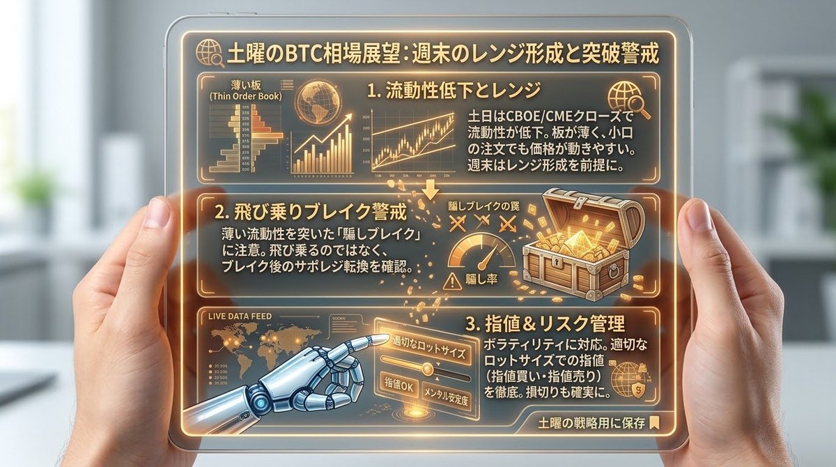 BNR32GTR__'s tweet photo. 【土曜のBTC相場展望：週末のレンジ形成と突破警戒】

週末は板が薄くボラティリティの急変動に注意！立ち回りポイント💡

❶ CBOE/CME休止による流動性低下の認識
❷ レンジ上限・下限での安易な飛び乗り回避
❸ 週明けの窓開け（ギャップ）を意識した指値管理

慎重に見極めよう！

#BTC #相場展望 https://t.co/MmfBgkllFG