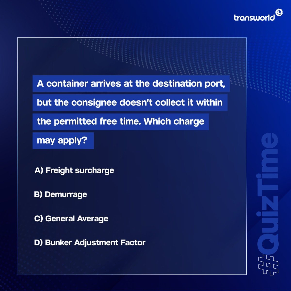 TransworldTweet's tweet photo. The container has arrived, but the clock is still ticking. ⏱️

Test your shipping knowledge with this week’s Sunday quiz. Drop your answer in the comments.

#Transworld #SundayQuiz #Shipping https://t.co/dbBQx8fH34