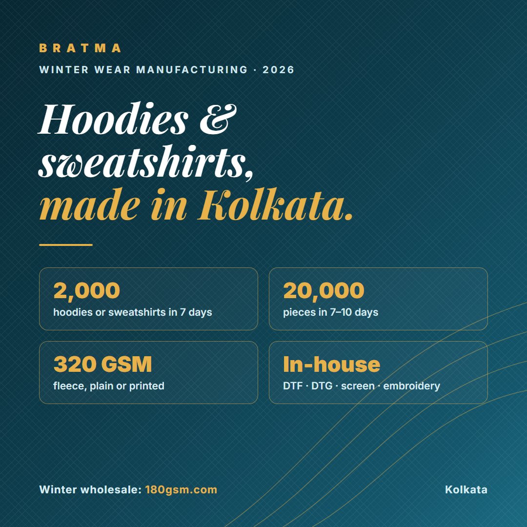 bratmacrafts's tweet photo. Winter production is live. 320 GSM hoodies &amp; sweatshirts made in-house in Kolkata: ~2,000 pcs a week, up to 20,000 in 7–10 days. Plain or printed.
https://t.co/l3nkF06z4v · https://t.co/AQIvphMQkP · https://t.co/cjabWOq6mq
090380 66716
#HoodieManufacturer #WinterWear https://t.co/JLI397aCmi