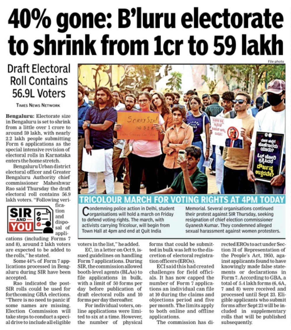 Tejasvi_Surya's tweet photo. Such a mischievous headline from the Times of India!

Bengaluru, being Karnataka’s largest city, has long had serious discrepancies in its electoral rolls, including duplicate entries, names of migrated voters and other outdated records. This is also one of the reasons why voter turnout has consistently hovered around 52–53%.

The SIR exercise is now seeking to correct these discrepancies.

Take my own constituency, Bengaluru South, for example:

Total electors in 2024: 23,41,759
Votes polled in 2024: 12,45,252
Electors in 2026 draft roll: 12,19,574

The draft roll now has 12.19 lakh electors, remarkably close to the 12.45 lakh votes polled in 2024 - indicating almost all eligible voters having come onto the roll.

Importantly, this is only a DRAFT roll. Any eligible voter whose name has been missed can apply for inclusion through Form 6. Voter registration is an ongoing process.

There is far too much misinformation surrounding SIR. Unfortunately, even established newspapers are contributing to this confusion.

The objective is simple: every eligible citizen must be on the voter list, and every ineligible or duplicate entry must be removed. That is fundamental to the integrity of our democracy.