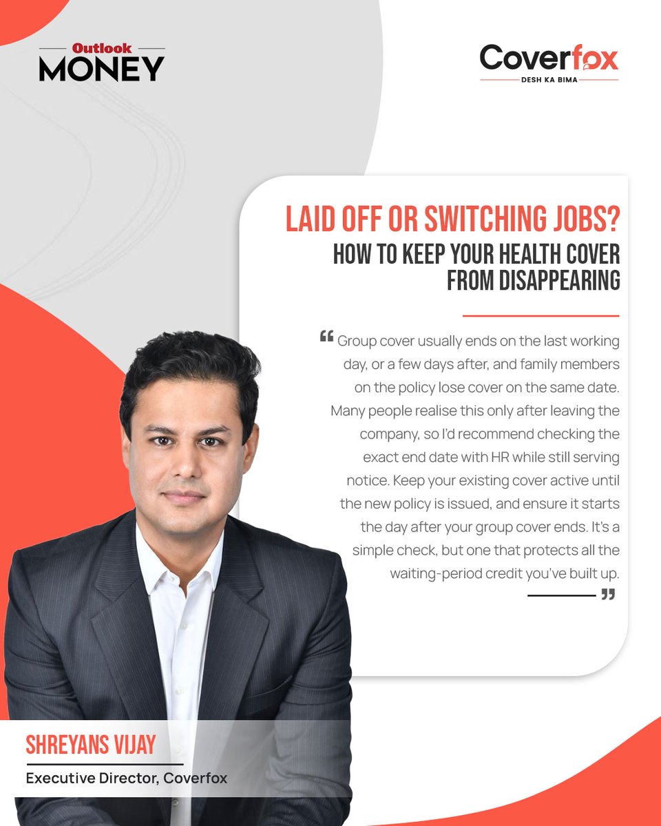 Coverfox's tweet photo. Take a piece of advice from Shreyans Vijay, Executive Director, Coverfox: Review your employer-provided health insurance and plan ahead to ensure your coverage continues through the transition.

Read his insights https://t.co/kPa92DXfsm

#DESHKABIMA #HealthInsurance #Coverfox https://t.co/7fBfWAuinz
