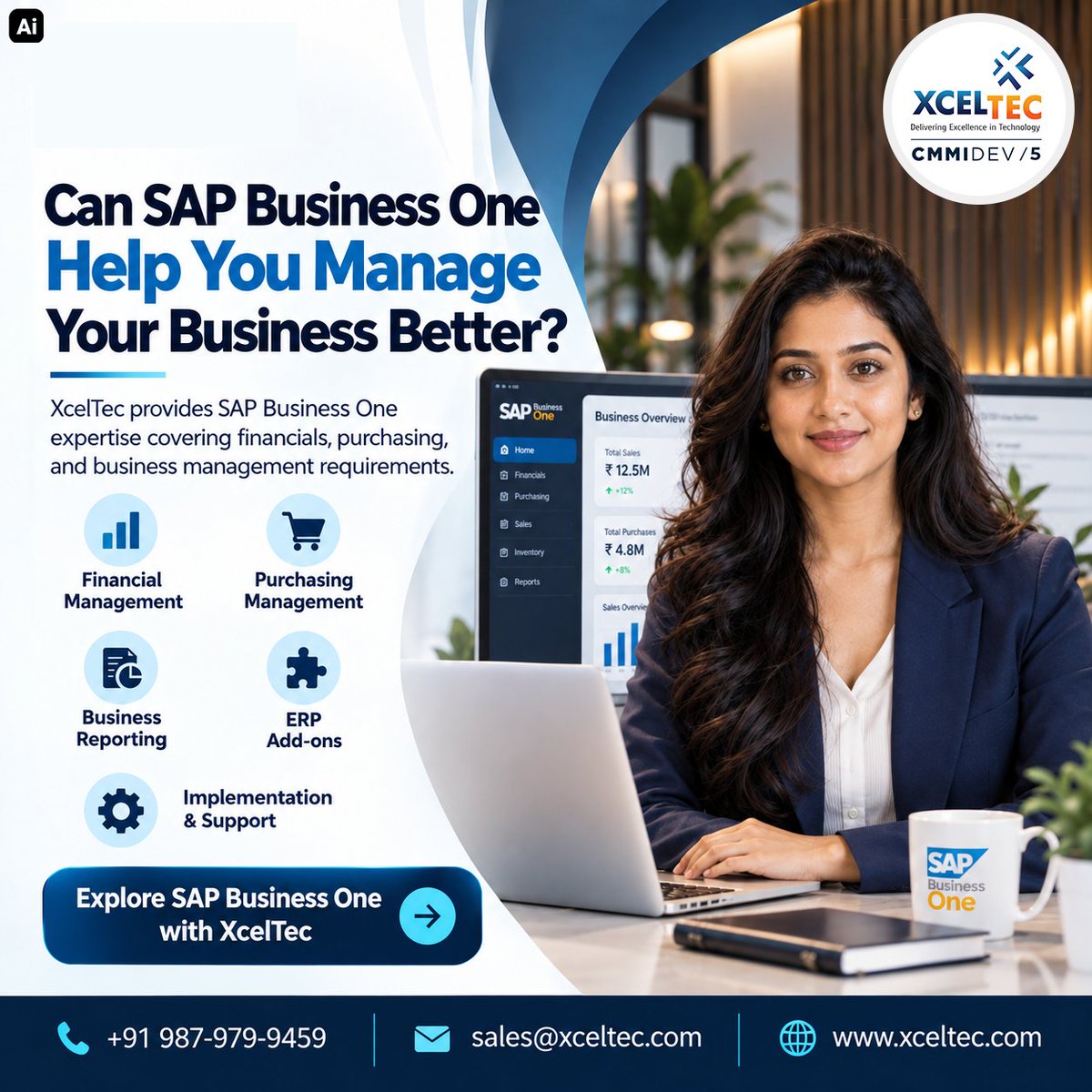 XcelTec's tweet photo. Can SAP Business One Help You Manage Better?

Key Benefits:
• Financial Management
• Business Reporting
• Purchasing Management
• ERP Implementation &amp; Support
Improve business efficiency with SAP Business One from XcelTec.
#XcelTec #SAPBusinessOne #ERPSoftware https://t.co/LFID73JW8x