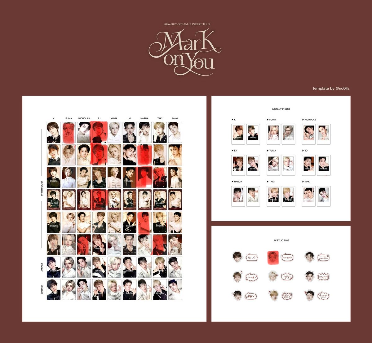 momo1997aa's tweet photo. 【再掲】※修正有

TEAM Mark on Me Mark on You MoM MoY ツアー グッズ トレカ チェキ 交換

【譲】赤いマーカー部分
【求】青いマーカー部分（K/MAKI）

※K優先
※特に上から2段目K激求

都内手渡しor郵送希望
相談だけでもお気軽にどうぞ♪

#andTEAM_交換 #andTEAM交換 https://t.co/LLfr3Lmo8t