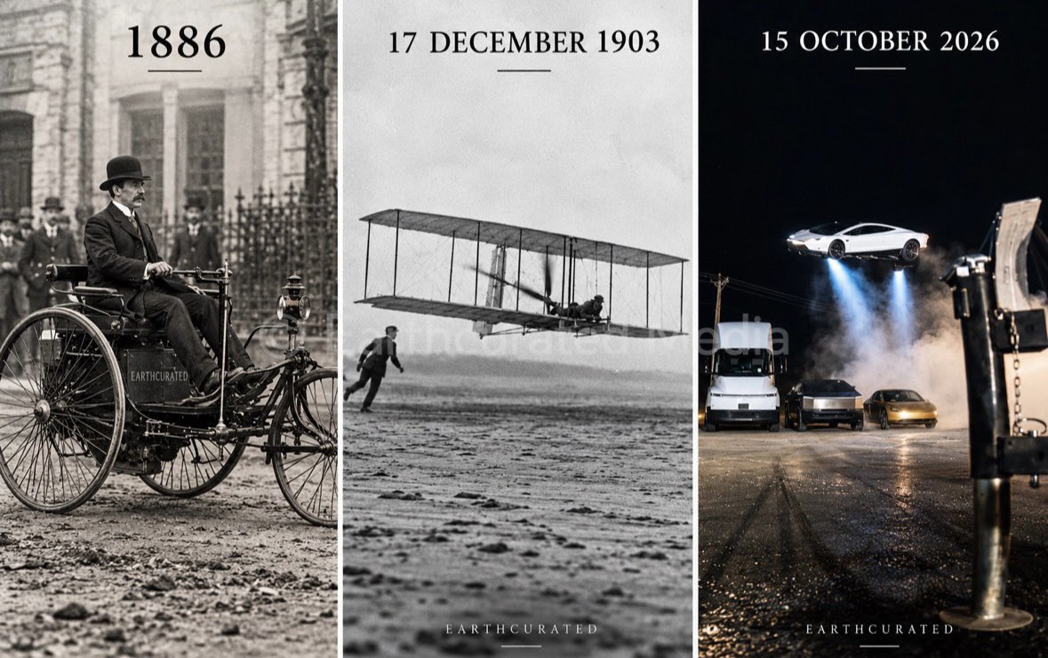 earthcurated's tweet photo. 1886. The first petrol-powered automobile. 

1903. The Wright brothers achieve the first powered flight.

2026. Tesla invents its first flying car prototype. 

140 years ago, even the motor car seemed extraordinary. Imagine what the next century could bring. https://t.co/nIN09XP0Ti