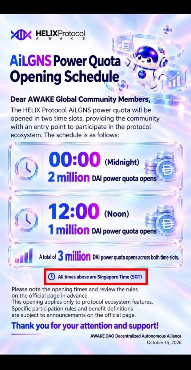 devlgns's tweet photo. 🚨 AiLGNS POWER QUOTA OPENING SCHEDULE 🌍

The HELIX Protocol AiLGNS power quota opens in 2 daily time slots! 🔥

💰 MIDNIGHT SINGAPORE TIME — 2M DAI
🇸🇬 Singapore: 12:00 AM
🇨🇳 China: 12:00 AM
🇰🇷 South Korea: 1:00 AM
🇮🇳 India: 9:30 PM (previous day)
🇮🇩 Indonesia (Jakarta): 11:00 PM (previous day)
🇿🇦 South Africa: 6:00 PM (previous day)
🇳🇬 Nigeria: 5:00 PM (previous day)

💰 NOON SINGAPORE TIME — 1M DAI
🇸🇬 Singapore: 12:00 PM
🇨🇳 China: 12:00 PM
🇰🇷 South Korea: 1:00 PM
🇮🇳 India: 9:30 AM
🇮🇩 Indonesia (Jakarta): 11:00 AM
🇿🇦 South Africa: 6:00 AM
🇳🇬 Nigeria: 5:00 AM

🔥 TOTAL DAILY POWER QUOTA: 3 MILLION DAI!

⚠️ All times are based on the listed time zones. Africa and Indonesia have multiple time zones, so local times may vary by region.

📌 Check the official HELIX Protocol page for participation rules and availability.

🌐 Stay informed with @devlgns on X & YouTube!

#AiLGNS #HELIXProtocol #LGNS #AnubisChain #DeFi