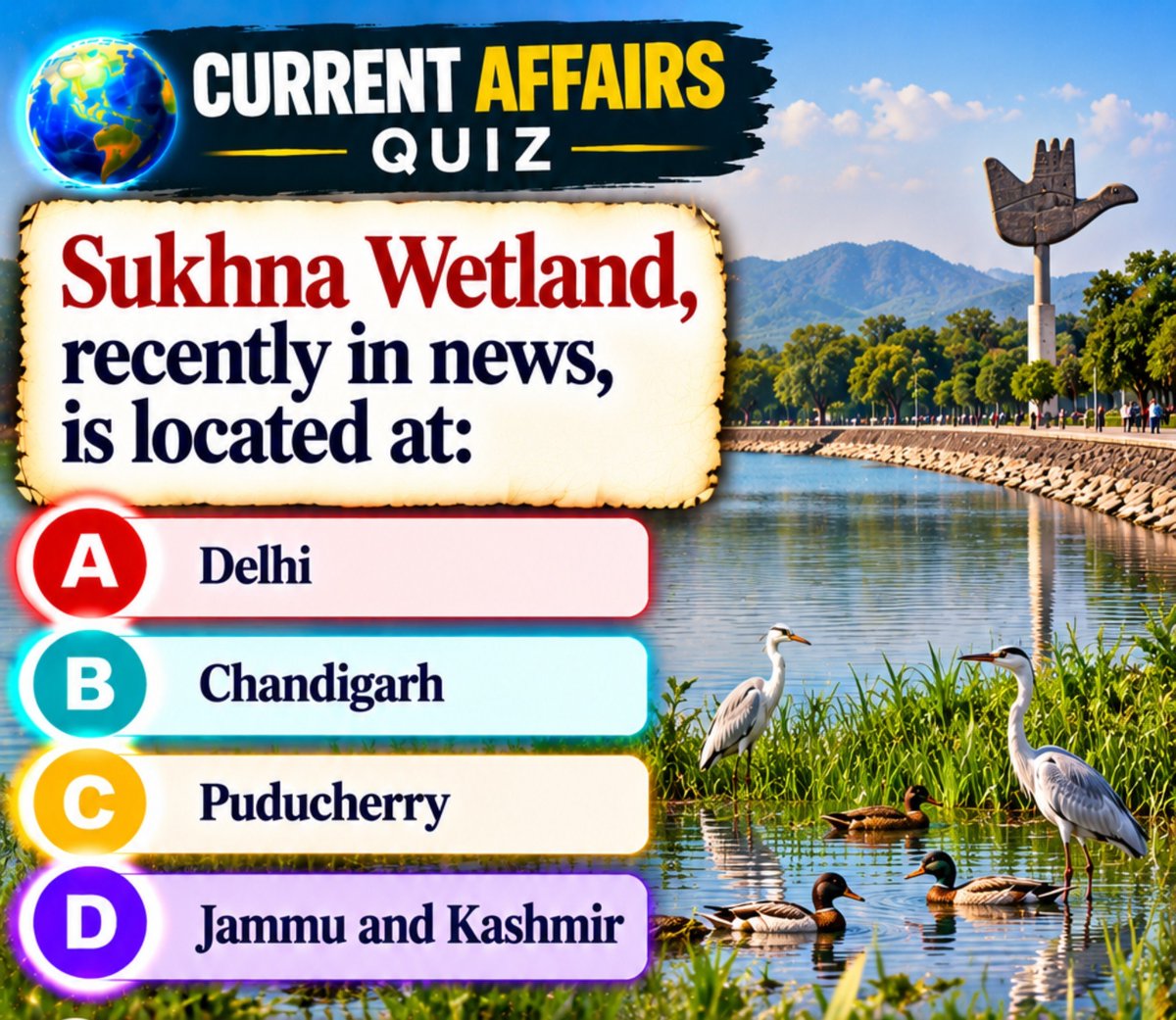 cematerial's tweet photo. Current Affairs Quiz🔔:

Sukhna Wetland, recently in news, is located at:

#currentaffairsquiz #currentaffairs #UPSC #SSC  #RRB #BPSC  #competitiveexams https://t.co/YFI3KQ5eCE