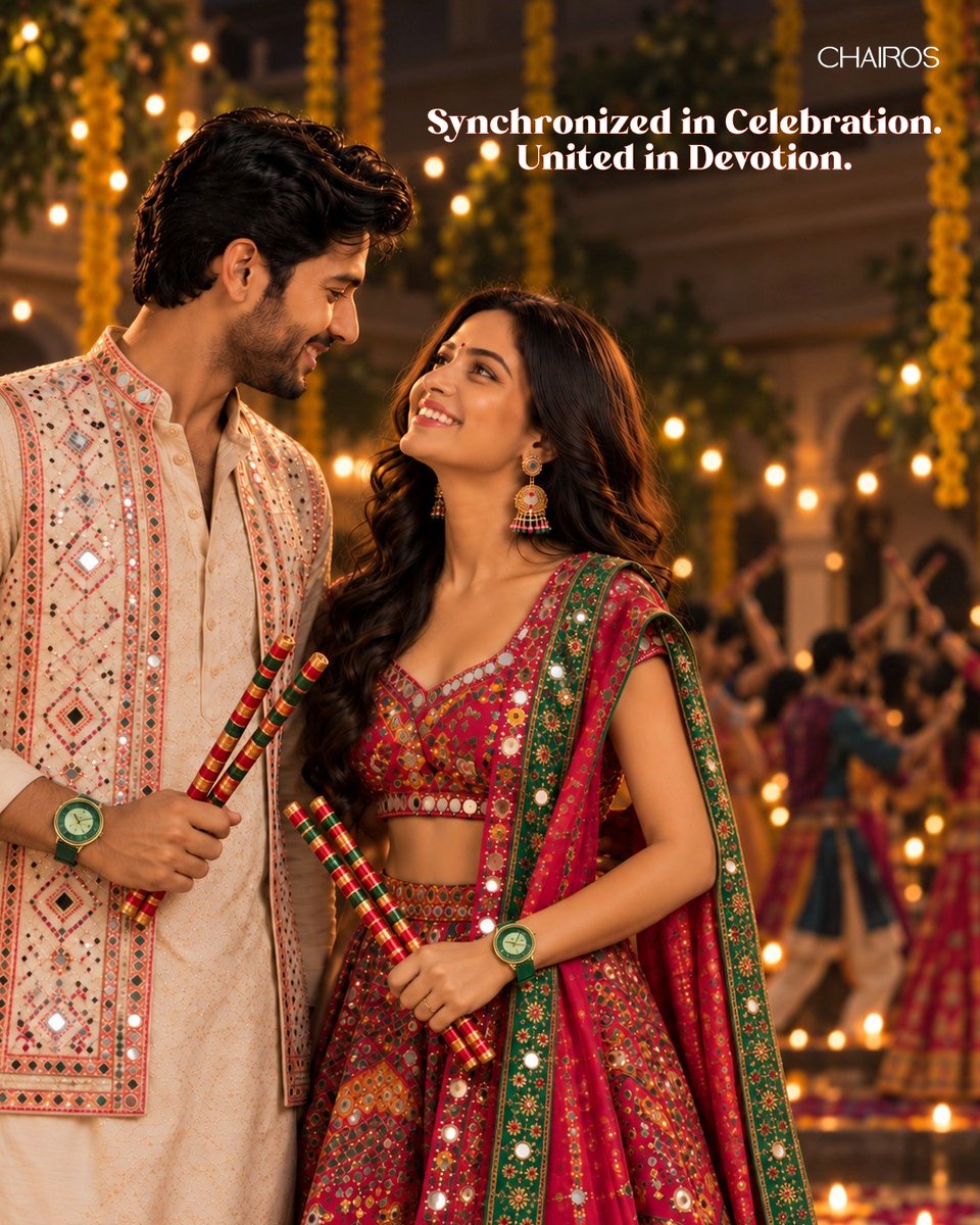 QNET_India's tweet photo. Synchronized in celebration. United in devotion. 🪔✨

Dance to the rhythmic beats of Garba and mark every sacred festive moment together with the Chairos Amia Couple Watch.

#ChairosAmia #QNETIndia #Navratri #GarbaNights #CoupleWatches https://t.co/Db4Wl3S0RC