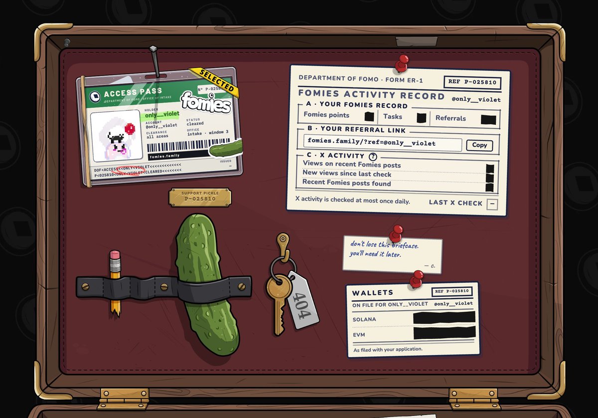 only__violet's tweet photo. the department of fomo left me a briefcase. 

i've been told not to ask about the pickle. 

ok i guess i made it, who next?

@FomiesNFT #Fomies https://t.co/174yBPMFrJ