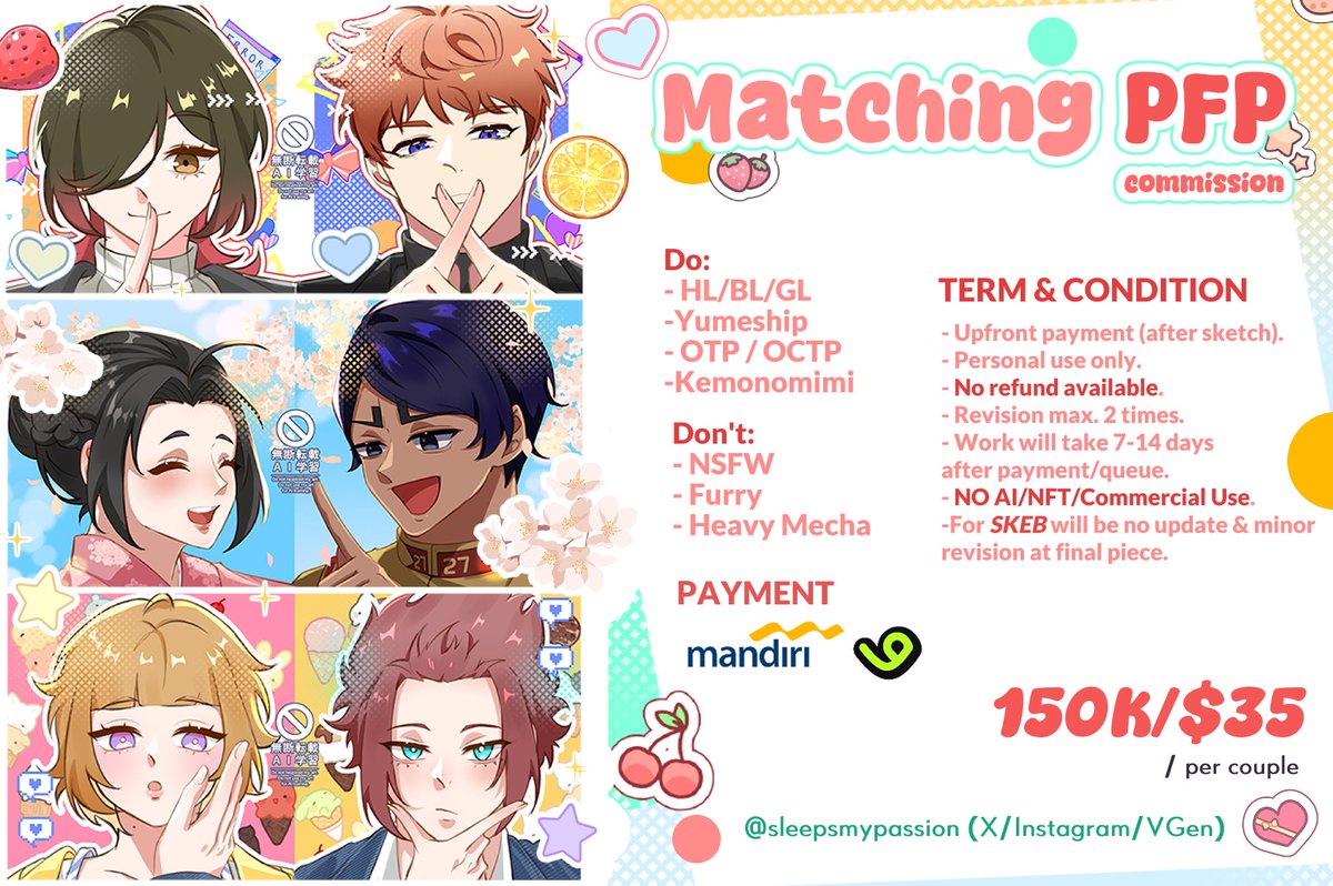 sleepsmypassion's tweet photo. 🌟 MATCHING PFP COMMISSION OPEN! 🌟
(RT+share are appreciated)

New menu unlock! 🎉 I'm opening skeb like/regular PFP commission for couple in limited slots~ 😉
It will be available on VGen as well, just shoot me a DM or mt to order 💌

#opencommission #ArtistsofSEA #VGencomms https://t.co/5y0Y2dPkQM
