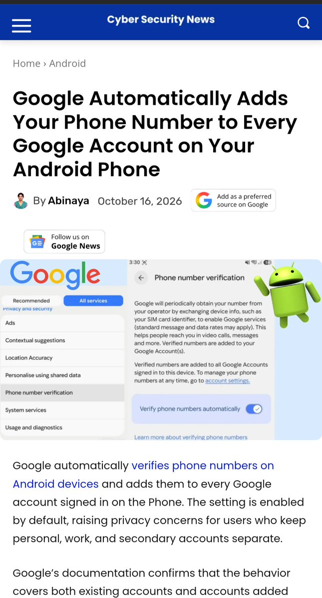 O2L's tweet photo. @glennbeck Alphabet,auto scan for the mobile's  number, owner's identity -  carrier  info.👈 Track social media users  who could be at risk , whistleblower...T&amp;C changes , buried revisions 'Google automatically verifies phone numbers on Android devices'  FCC approval ❓ #DataPrivacy https://t.co/QkPD5H4jIT