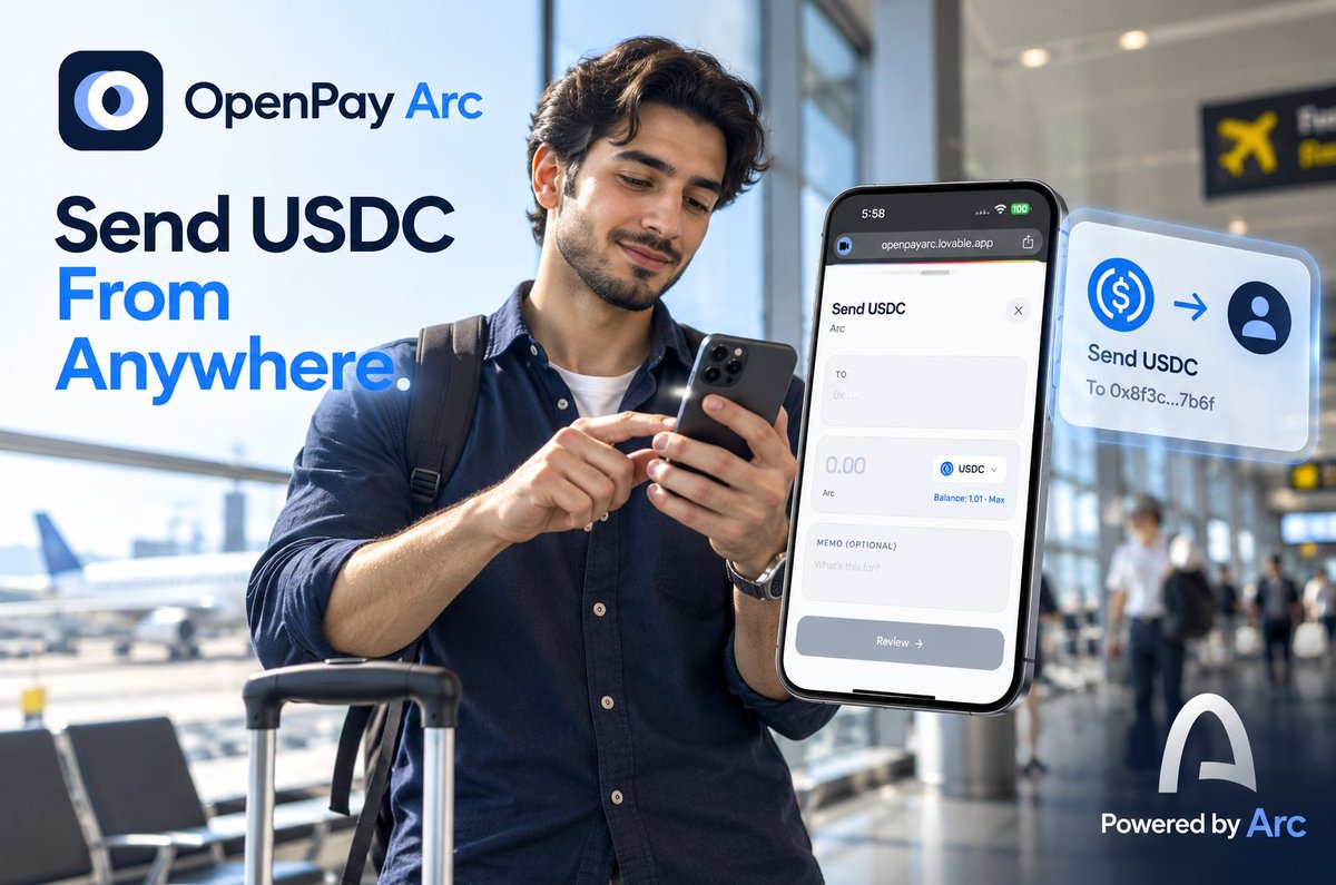 OpenPayArc's tweet photo. Send @USDC From Anywhere. @arc @jerallaire 

Send USDC directly to other wallets with OpenPay Arc, powered by Arc.

Experience a simple and convenient way to transfer digital assets, wherever you are.

Start sending with OpenPay Arc today.

https://t.co/BFmB8n7Qce

#OpenPayArc #Arc #USDC #DigitalPayments