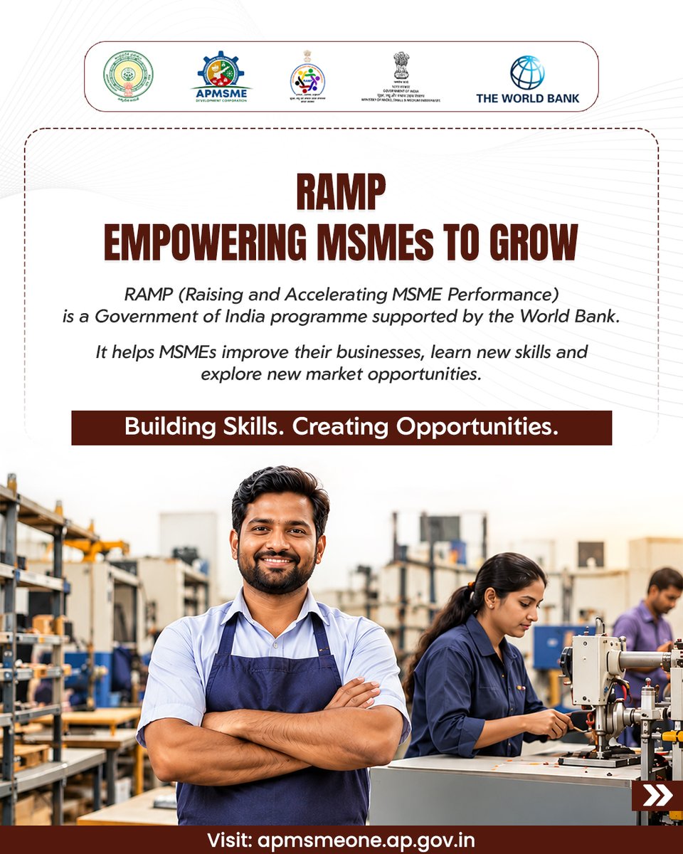 apmsmedc's tweet photo. RAMP is empowering MSMEs across Andhra Pradesh through workshops, skill development and business support. From digital adoption to finance and market access, unlock opportunities to grow your enterprise.

Explore: https://t.co/isRnMbk0zZ

#RAMP #APMSMEDC #MSME #AndhraPradesh https://t.co/ZjcTqc8swa
