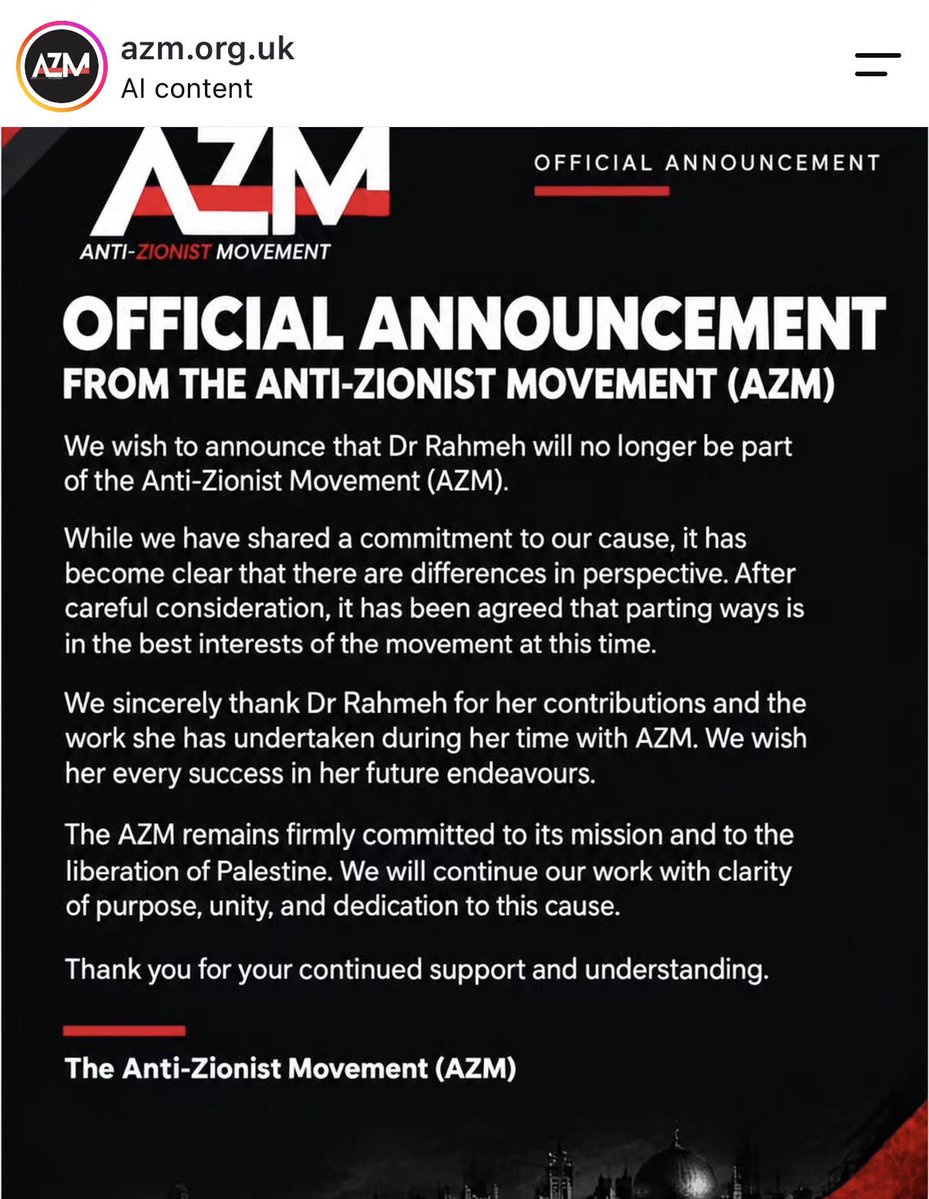 HeidiBachram's tweet photo. The Antizionist Movement has kicked out Dr Rahmeh Aladwan over “differences in perspective”. She’s too toxic for the most extreme pro-Pals? https://t.co/zUk3wSC9oQ